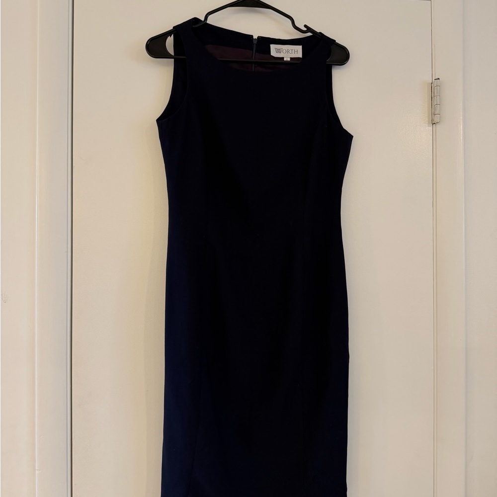 WORTH Navy Sleeveless Sheath Dress | Classic Tailored Midi